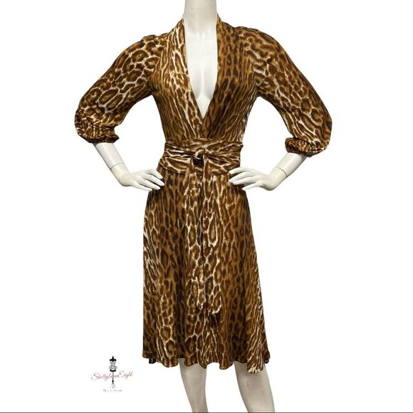 YIGAL AZROUEL Stretch Jersey Deep V Plunge Dress Leopard Ruched Sash Waist XS - Picture 8 of 15